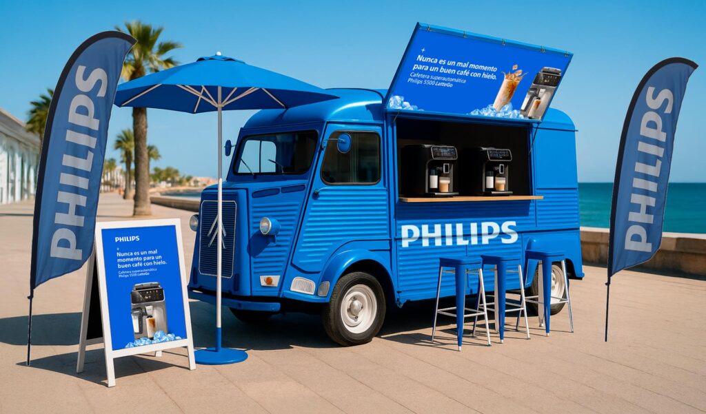 Montaje y activación de Coffee Truck para la promoción de una cafetera de Philips en Málaga y Cádiz